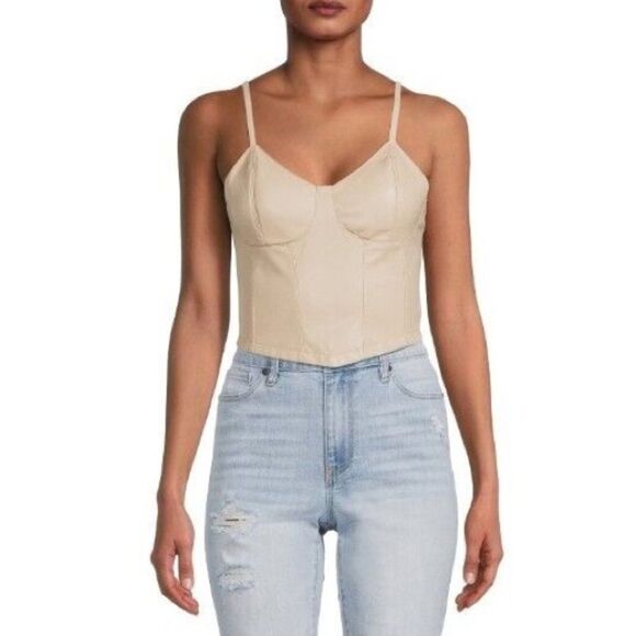 Madden Nyc Women's Bustier Faux Leather buttery soft Beige smocked Crop Top Sz L - Picture 7 of 12